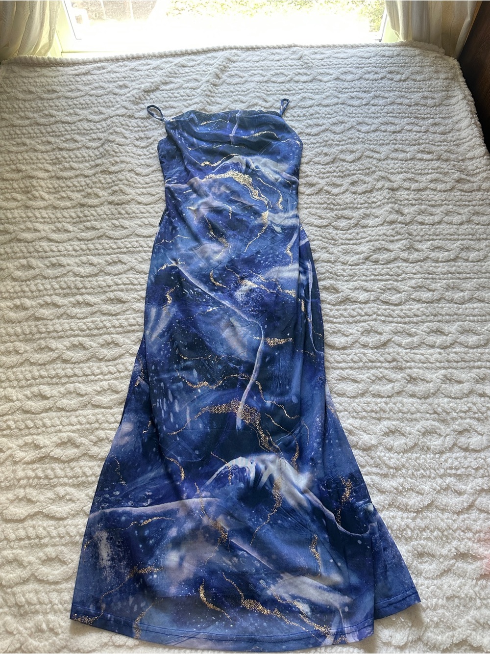 Blue Marble Slip Dress with Gold Accents